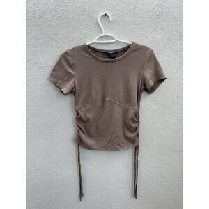 Just Polly Womens blouse Size Large Pink Short Sleeve Scrunched Sides Cropped
